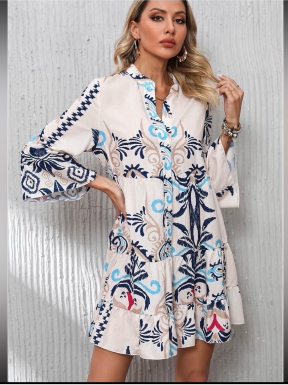 Kilah XL Boho Tiered Dress Blue Cream Ikat With Print Bell Sleeves